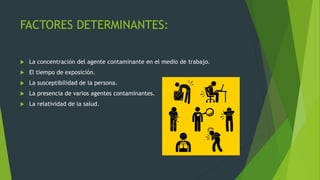 FACTORES DETERMINANTES:
 La concentración del agente contaminante en el medio de trabajo.
 El tiempo de exposición.
 La susceptibilidad de la persona.
 La presencia de varios agentes contaminantes.
 La relatividad de la salud.
 
