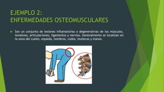 EJEMPLO 2:
ENFERMEDADES OSTEOMUSCULARES
 Son un conjunto de lesiones inflamatorias o degenerativas de los músculos,
tendones, articulaciones, ligamentos y nervios. Generalmente se localizan en
la zona del cuello, espalda, hombros, codos, muñecas y manos.
 