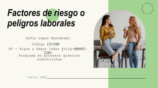 Factores de riesgo o
peligros laborales
Sofía López Hernández
Febrero 2022
AV - Higie y Segur Indus (Vir)-08992-
2261
Código 121399
Programa en procesos químicos
industriales
 