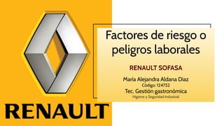 Factores de riesgo o
peligros laborales
RENAULT SOFASA
María Alejandra Aldana Diaz
Código: 124752
Tec. Gestión gastronómica
Higiene y Seguridad Industrial
 