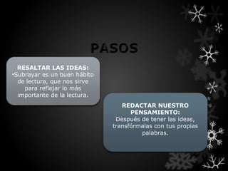 RESALTAR LAS IDEAS:
•Subrayar es un buen hábito
  de lectura, que nos sirve
    para reflejar lo más
  importante de la lectura.
                                 REDACTAR NUESTRO
                                    PENSAMIENTO:
                               Después de tener las ideas,
                              transfórmalas con tus propias
                                       palabras.
 