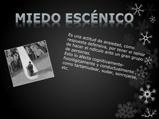 Es un
            a
    respu actitud de
           e              a
   de ha sta defens nsiedad,
           ce           iv            co
   de pe r el ridícu a, por ten mo
          rsona        lo ant         e
  Esto          s.            e un r el temor
        lo afe                       gran
 fisioló      cta co                      grupo
         gicam       gnitiv
como           ente         amen
        tartam      y con         te
etc.            udear       ductu -
                      , s ud      almen
                             ar, so      te
                                    nroja ,
                                         rse,
 