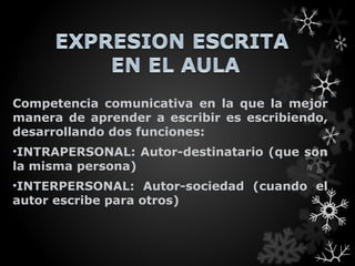 Competencia comunicativa en la que la mejor
manera de aprender a escribir es escribiendo,
desarrollando dos funciones:
•INTRAPERSONAL: Autor-destinatario (que son
la misma persona)
•INTERPERSONAL: Autor-sociedad (cuando el
autor escribe para otros)
 