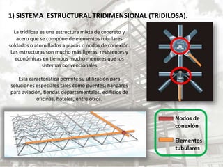 1) SISTEMA ESTRUCTURAL TRIDIMENSIONAL (TRIDILOSA).
La tridilosa es una estructura mixta de concreto y
acero que se compone de elementos tubulares
soldados o atornillados a placas o nodos de conexión.
Las estructuras son mucho más ligeras, resistentes y
económicas en tiempos mucho menores que los
sistemas convencionales
Esta característica permite su utilización para
soluciones especiales tales como puentes; hangares
para aviación, tiendas departamentales, edificios de
oficinas, hoteles, entre otros.
Nodos de
conexión
Elementos
tubulares
 