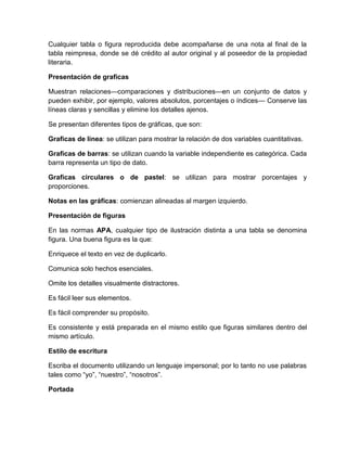 Cualquier tabla o figura reproducida debe acompañarse de una nota al final de la 
tabla reimpresa, donde se dé crédito al autor original y al poseedor de la propiedad 
literaria. 
Presentación de graficas 
Muestran relaciones—comparaciones y distribuciones—en un conjunto de datos y 
pueden exhibir, por ejemplo, valores absolutos, porcentajes o índices— Conserve las 
líneas claras y sencillas y elimine los detalles ajenos. 
Se presentan diferentes tipos de gráficas, que son: 
Graficas de línea: se utilizan para mostrar la relación de dos variables cuantitativas. 
Graficas de barras: se utilizan cuando la variable independiente es categórica. Cada 
barra representa un tipo de dato. 
Graficas circulares o de pastel: se utilizan para mostrar porcentajes y 
proporciones. 
Notas en las gráficas: comienzan alineadas al margen izquierdo. 
Presentación de figuras 
En las normas APA, cualquier tipo de ilustración distinta a una tabla se denomina 
figura. Una buena figura es la que: 
Enriquece el texto en vez de duplicarlo. 
Comunica solo hechos esenciales. 
Omite los detalles visualmente distractores. 
Es fácil leer sus elementos. 
Es fácil comprender su propósito. 
Es consistente y está preparada en el mismo estilo que figuras similares dentro del 
mismo artículo. 
Estilo de escritura 
Escriba el documento utilizando un lenguaje impersonal; por lo tanto no use palabras 
tales como “yo”, “nuestro”, “nosotros”. 
Portada 
 