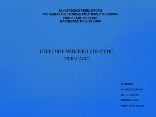 UNIVERSIDAD FERMIN TORO
FACULATAD DE CIENCIAS POLÍTICAS Y JURÍDICAS
ESCUELA DE DERECHO
BARQUISIMETO, EDO LARA
ALUMNNA:
ALVAREZ LUZMARY
C.I : V-13.603.161
SECCIÓN: Saia C
PROF: Emily Ramírez
DERECHO FINANCIERO Y DERECHO
TRIBUTARIO
 