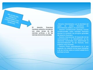 El derecho financiero
mantiene estrecha vinculación
con otras ramas de las
ciencias jurídicas y de las
ciencias economico-sociales
.-Derecho Administrativo: por la identidad del
sujeto de ambas disciplinas (la
administración pública y la comunidad).
.- Derecho Constitucional: Diversas normas
constitucionales sobre actividad financiera
asumen la condición de principios generales
del derecho financiero.
.- Derecho Internacional: El desarrollo de las
comunicaciones y la intensificación de las
relaciones comerciales han determinado la
internacionalización de las finanzas, tanto
públicas como privadas,.
.- Derecho Penal: especialmente en lo que
respecta a la violación de las leyes tributarias
y de las normas sobre el control estatal de la
actividad privada.
 
