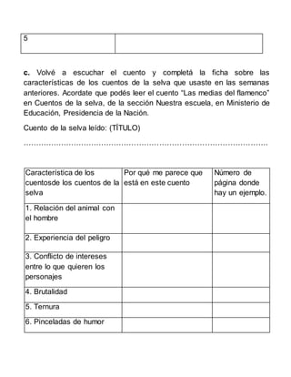 5
c. Volvé a escuchar el cuento y completá la ficha sobre las
características de los cuentos de la selva que usaste en las...