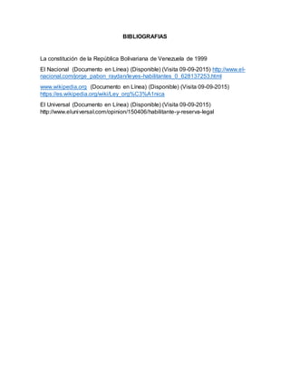 BIBLIOGRAFIAS
La constitución de la República Bolivariana de Venezuela de 1999
El Nacional (Documento en Línea) (Disponible) (Visita 09-09-2015) http://www.el-
nacional.com/jorge_pabon_raydan/leyes-habilitantes_0_628137253.html
www.wikipedia.org (Documento en Línea) (Disponible) (Visita 09-09-2015)
https://es.wikipedia.org/wiki/Ley_org%C3%A1nica
El Universal (Documento en Línea) (Disponible) (Visita 09-09-2015)
http://www.eluniversal.com/opinion/150406/habilitante-y-reserva-legal
 