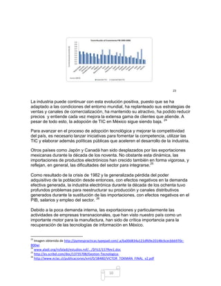 23


La industria puede continuar con esta evolución positiva, puesto que se ha
adaptado a las condiciones del entorno mundial, ha replanteado sus estrategias de
ventas y canales de comercialización, ha mantenido su atractivo, ha podido reducir
precios y entiende cada vez mejora la extensa gama de clientes que atiende. A
pesar de todo esto, la adopción de TIC en México sigue siendo baja. 24

Para avanzar en el proceso de adopción tecnológica y mejorar la competitividad
del país, es necesario lanzar iniciativas para fomentar la competencia, utilizar las
TIC y elaborar además políticas públicas que aceleren el desarrollo de la industria.

Otros países como Japón y Canadá han sido desplazados por las exportaciones
mexicanas durante la década de los noventa. No obstante esta dinámica, las
importaciones de productos electrónicos han crecido también en forma vigorosa, y
reflejan, en general, las dificultades del sector para integrarse.25

Como resultado de la crisis de 1982 y la generalizada pérdida del poder
adquisitivo de la población desde entonces, con efectos negativos en la demanda
efectiva generada, la industria electrónica durante la década de los ochenta tuvo
profundos problemas para reestructurar su producción y canales distributivos
generados durante la sustitución de las importaciones, con efectos negativos en el
PIB, salarios y empleo del sector. 26

Debido a la poca demanda interna, las exportaciones y particularmente las
actividades de empresas transnacionales, que han visto nuestro país como un
importante motor para la manufactura, han sido de crítica importancia para la
recuperación de las tecnologías de información en México.


23
   Imagen obtenida de http://pymespracticas.typepad.com/.a/6a00d834a121df69e20148c6cecbbb970c-
800wi
24
   www.aladi.org/nsfaladi/estudios.nsf/.../$FILE/157Rev1.doc
25
   http://es.scribd.com/doc/13735708/Gestion-Tecnologica-
26
   http://www.eclac.cl/publicaciones/xml/0/38480/VICTOR_TOKMAN_FINAL_v2.pdf



                                                10
 