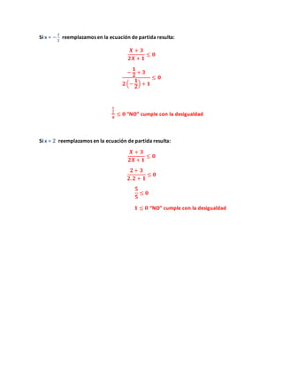 Si x = −
𝟏
𝟐
reemplazamos en la ecuación de partida resulta:
𝑿 + 𝟑
𝟐𝑿 + 𝟏
≤ 𝟎
−
𝟏
𝟐
+ 𝟑
𝟐 (−
𝟏
𝟐
) + 𝟏
≤ 𝟎
𝟓
𝟐
𝟎
≤ 𝟎 “NO” cumple con la desigualdad
Si x = 𝟐 reemplazamos en la ecuación de partida resulta:
𝑿 + 𝟑
𝟐𝑿 + 𝟏
≤ 𝟎
𝟐 + 𝟑
𝟐. 𝟐 + 𝟏
≤ 𝟎
𝟓
𝟓
≤ 𝟎
𝟏 ≤ 𝟎 “NO” cumple con la desigualdad
 