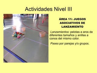 Actividades Nivel III
ÁREA 11: JUEGOS
ASOCIATIVOS DE
LANZAMIENTO

Lanzamientos: pelotas a aros de
diferentes tamaños y anillas a
conos del mismo color.
Pases por parejas y/o grupos.

 
