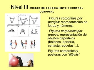 Nivel III J U E G O S DE C O N O C I MI E N T O Y C O N T R O L
C OR POR AL

Figuras corporales por
parejas: representación de
letras y números.
Figuras corporales por
grupos: representación de
objetos deportivos
(balones, portería,
canasta,raquetas…).
Figuras corporales y
posturas con “fitballs”

 