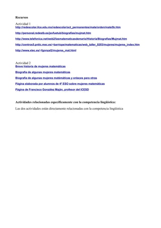 Recursos
Actividad 1
http://redescolar.ilce.edu.mx/redescolar/act_permanentes/mate/orden/mate5b.htm

http://personal.redestb.es/javfuetub/biografias/mujmat.htm

http://www.telefonica.net/web2/lasmatematicasdemario/Historia/Biografias/Mujmat.htm

http://centros5.pntic.mec.es/~barriope/matematicas/web_taller_0203/mujeres/mujeres_index.htm

http://www.xtec.es/~fgonzal2/mujeres_mat.html



Actividad 2
Breve historia de mujeres matemáticas

Biografía de algunas mujeres matemáticas

Biografía de algunas mujeres matémáticas y enlaces para otras

Página elaborada por alumnos de 4º ESO sobre mujeres matemáticas

Página de Francisco González Maján, profesor del ICESD



Actividades relacionadas específicamente con la competencia lingüística:
Las dos actividades están directamente relacionadas con la competencia lingüística
 