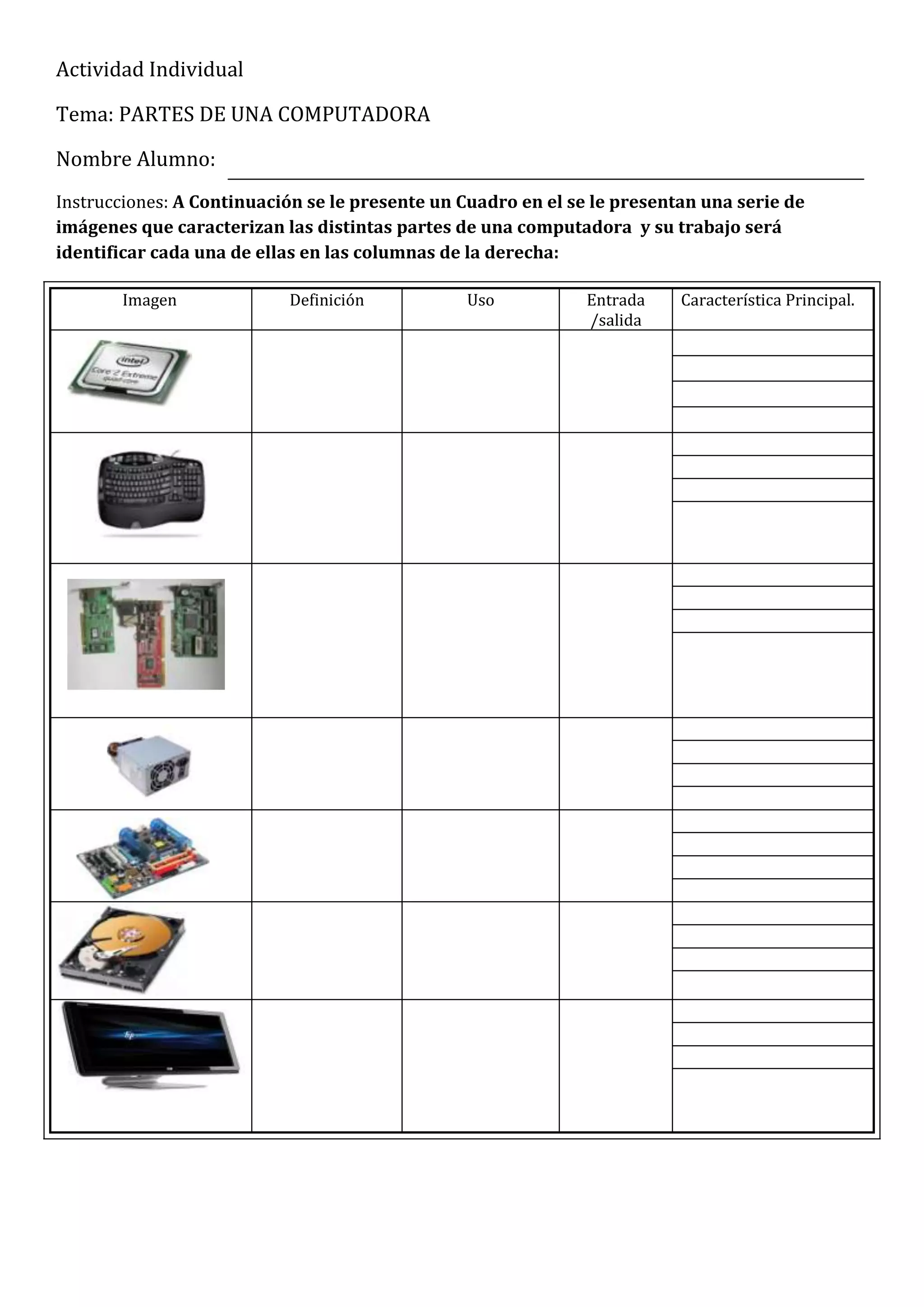 Actividad Individual
Tema: PARTES DE UNA COMPUTADORA
Nombre Alumno:
Instrucciones: A Continuación se le presente un Cuadro en el se le presentan una serie de
imágenes que caracterizan las distintas partes de una computadora y su trabajo será
identificar cada una de ellas en las columnas de la derecha:
Imagen Definición Uso Entrada
/salida
Característica Principal.