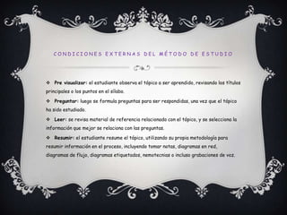 Condiciones externas del método de estudioPre visualizar:el estudiante observa el tópico a ser aprendido, revisando los títulos principales o los puntos en el sílabo.Preguntar: luego se formula preguntas para ser respondidas, una vez que el tópico ha sido estudiado.Leer: se revisa material de referencia relacionado con el tópico, y se selecciona la información que mejor se relaciona con las preguntas.Resumir: el estudiante resume el tópico, utilizando su propia metodología para resumir información en el proceso, incluyendo tomar notas, diagramas en red, diagramas de flujo, diagramas etiquetados, nemotecnias o incluso grabaciones de voz.