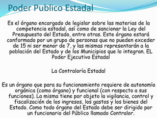 Poder Publico Estadal 
Es el órgano encargado de legislar sobre las materias de la 
competencia estadal, así como de sancionar la Ley del 
Presupuesto del Estado, entre otras. Este órgano estará 
conformado por un grupo de personas que no pueden exceder 
de 15 ni ser menor de 7, y las mismas representarán a la 
población del Estado y de los Municipios que lo integran. EL 
Poder Ejecutivo Estadal 
La Contraloría Estadal 
Es un órgano que para su funcionamiento requiere de autonomía 
orgánica (como órgano) y funcional (con respecto a sus 
funciones). La misma tiene por objeto la vigilancia, control y 
fiscalización de los ingresos, los gastos y los bienes del 
Estado. Como todo órgano del Estado debe ser dirigido por 
un funcionario del Público llamado Contralor. 
 