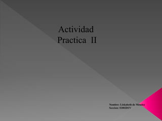 Nombre: Liskabeth de Méndez
Seccion: ED02D1V
Actividad
Practica II
 