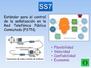 Estándar para el control
de la señalización en la
Red Telefónica Pública
Conmutada (PSTN).
• Flexibilidad
• Velocidad
• Confiabilidad
• Economía
 