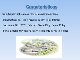 Se extienden sobre áreas geográficas de tipo urbano
Implementadas por los proveedores de servicio de Internet
Soportan tráfico ATM, Ethernet, Token Ring, Frame Relay
Por lo general proveedor de servicios monte su red telefónica
 