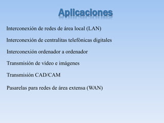 Interconexión de redes de área local (LAN)
Interconexión de centralitas telefónicas digitales
Interconexión ordenador a ordenador
Transmisión de vídeo e imágenes
Transmisión CAD/CAM
Pasarelas para redes de área extensa (WAN)
 