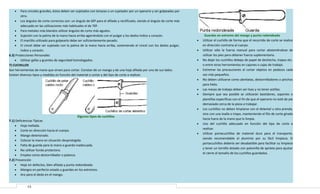 Para cinceles grandes, éstos deben ser sujetados con tenazas o un sujetador por un operario y ser golpeadas por
otro.
• Los ángulos de corte correctos son: un ángulo de 60º para el afilado y rectificado, siendo el ángulo de corte más
adecuado en las utilizaciones más habituales el de 70º.
• Para metales más blandos utilizar ángulos de corte más agudos.
• Sujeción con la palma de la mano hacia arriba agarrándolo con el pulgar y los dedos índice y corazón.
• El martillo utilizado para golpearlo debe ser suficientemente pesado.
• El cincel debe ser sujetado con la palma de la mano hacia arriba, sosteniendo el cincel con los dedos pulgar,
índice y corazón.
6.3) Protecciones Personales
• Utilizar gafas y guantes de seguridad homologados.
7) CUCHILLOS
Son herramientas de mano que sirven para cortar. Constan de un mango y de una hoja afilada por uno de sus lados.
Existen diversos tipos y medidas en función del material a cortar y del tipo de corte a realizar.
•

•
•
•
•
•
•
•

•

Algunos tipos de cuchillos

7.1) Deficiencias Típicas
• Hoja mellada.
• Corte en dirección hacia el cuerpo.
• Mango deteriorado.
• Colocar la mano en situación desprotegida.
• Falta de guarda para la mano o guarda inadecuada.
• No utilizar funda protectora.
• Empleo como destornillador o palanca.
7.2) Prevención
• Hoja sin defectos, bien afilada y punta redondeada.
• Mangos en perfecto estado y guardas en los extremos.
• Aro para el dedo en el mango.
13

•
•

Guardas en extremo del mango y punta redondeada
Utilizar el cuchillo de forma que el recorrido de corte se realice
en dirección contraria al cuerpo.
Utilizar sólo la fuerza manual para cortar absteniéndose de
utilizar los pies para obtener fuerza suplementaria.
No dejar los cuchillos debajo de papel de deshecho, trapos etc.
o entre otras herramientas en cajones o cajas de trabajo.
Extremar las precauciones al cortar objetos en pedazos cada
vez más pequeños.
No deben utilizarse como abrelatas, destornilladores o pinchos
para hielo.
Las mesas de trabajo deben ser lisas y no tener astillas.
Siempre que sea posible se utilizarán bastidores, soportes o
plantillas específicas con el fin de que el operario no esté de pie
demasiado cerca de la pieza a trabajar.
Los cuchillos no deben limpiarse con el delantal u otra prenda,
sino con una toalla o trapo, manteniendo el filo de corte girado
hacia fuera de la mano que lo limpia.
Uso del cuchillo adecuado en función del tipo de corte a
realizar.
Utilizar portacuchillos de material duro para el transporte,
siendo recomendable el aluminio por su fácil limpieza. El
portacuchillos debería ser desabatible para facilitar su limpieza
y tener un tornillo dotado con palomilla de apriete para ajustar
el cierre al tamaño de los cuchillos guardados.

 