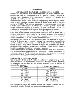 Actividad 6.1
         LECTURA: NOMENCLATURA DE LOS COMPUESTOS IÓNICOS
Cuando un suelo contiene los nutrientes necesarios las plantas los toman de la
disolución del suelo en forma de iones, como por ejemplo: cloruros Cl -, sulfuros S2-
, nitratos NO31-, carbonatos CO32-, sulfatos SO42- y fosfatos PO43-, gracias a la
solubilidad en agua de las sales iónicas.
Los compuestos iónicos o sales constituye un grupo muy grande; algunos pueden
tener nombres comunes, como por ejemplo la sal de mesa (NaCl), o como el
mineral silvita (KCl). Para continuar su estudio es importante saber escribir sus
formulas y su nombre químico o sistemático. El nombre químico o sistemático
tiene la ventaja de que facilita la comunicación entre los químicos y proporciona
una forma útil para trabajar con la variedad de sustancias que nos rodean.
Recordemos que el proceso mediante el cual se le asigna nombre a los
compuestos químicos recibe el nombre de nomenclatura química; por los que los
nombres sistemáticos corresponden a los nombres normales que reflejan la
clasificación del compuesto e indica su composición y ordenamiento de los
átomos. Este nombre se da con base en una función química.
Las propiedades químicas de un compuesto pueden depender de un átomo o
conjunto de átomos que lo forman y siempre les proporcionan características
químicas similares. A este átomo o conjunto de átomos se les da el nombre de
función química, entre estas funciones químicas se encuentran los óxidos
metálicos (óxidos básicos), los óxidos no metálicos (óxidos ácidos), bases o
hidróxidos, los ácidos (hidrácidos y oxiácidos) y las sales.
Los dos sistemas más importantes de nomenclatura para compuestos inorgánicos
son: el sistema de Ginebra propuesto en 1892 por el Congreso Internacional de
Química y el sistema IUPAC (International Union of Pure and Applied Chemestry),
propuesto dese 1940, y es revisado y adecuado periódicamente.

Nomenclatura de compuestos iónicos
Los compuestos iónicos están formados por cationes (iones positivos) y aniones
(iones negativos). Con excepción del amonio NH41+ todos los cationes de interés
se derivan de átomos metálicos. Los cationes metálicos toman su nombre del
elemento. Por ejemplo:
               ELEMENTO                       NOMBRE DEL CATION
                 Li litio                            Li+ ion litio
                Na sodio                           Na+ ion sodio
                 K potasio                          K + ion potasio
                Rb rubidio                          Rb+ ion rubidio
                Cs cesio                            Cs+ ion cesio
                Mg magnesio                        Mg2+ ion magnesio
                Ca calcio                          Ca2+ ion calcio
                Al aluminio                        Al3+ ion aluminio

Los compuestos iónicos se pueden clasificar en binarios (formado por dos
elementos), ternarios (formado por tres elementos) y poliatómicos.
 