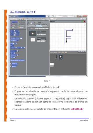 6.3 Ejercicio: Letra F




             
                                       Letra F


  •   En este Ejercicio se crea el perfil de la letra F.  
  •   El  proceso  es  simple  ya  que  cada  segmento  de  la  letra  consiste  en  un 
      movimiento y un giro. 
  •   Un  sencillo  control  (bloque  esperar  1  segundos)  separa  los  diferentes 
      segmentos  para  poder  ver  cómo  la  letra  se  va  formando  de  tramo  en 
      tramo. 
  •   La solución de este proyecto se encuentra en el fichero LetraEFE.sb.  



Página 6                                                                       Mover y Girar
 
