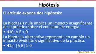 Hipótesis
El artículo expone dos hipótesis:
La hipótesis nula implica un impacto insignificante
de la práctica sobre el consumo de energía.
• H10: Δ E ≈ 0
La hipótesis alternativa representa en cambio un
impacto evidente y significativo de la práctica.
• H1a: |Δ E| ≥ 0
 