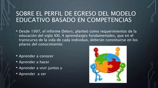 SOBRE EL PERFIL DE EGRESO DEL MODELO
EDUCATIVO BASADO EN COMPETENCIAS
• Desde 1997, el informe Delors, planteó como requerimientos de la
educación del siglo XXI, 4 aprendizajes fundamentales, que en el
transcurso de la vida de cada individuo, deberán constituirse en los
pilares del conocimiento:
• Aprender a conocer
• Aprender a hacer
• Aprender a vivir juntos y
• Aprender a ser
 