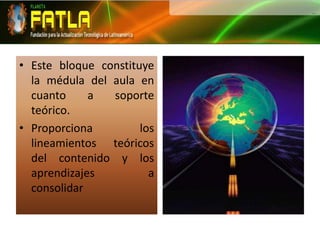 Este bloque constituye la médula del aula en cuanto a soporte teórico.Proporciona los lineamientos teóricos del contenido y los aprendizajes a consolidar