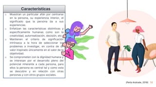14
o Muestran un particular afán por centrarse
en la persona, su experiencia interior, el
significado que la persona da a sus
experiencias.
o Enfatizan las características distintivas y
específicamente humanas como son la
creatividad, autorrealización, decisión, etc.
o Mantienen el criterio de significación
intrínseca a la hora de seleccionar los
problemas a investigar, en contra de un
valor inspirado únicamente en el valor de la
objetividad.
o Se comprometen con la dignidad humana y
se interesan por el desarrollo pleno del
potencial inherente a cada persona, para
ellos la persona es central tal y como esta
se descubre y en relación con otras
personas y con otros grupos sociales.
Características
(Perla Andrade, 2018)
 