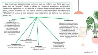 7
Los terapeutas psicodinámicos sostienen que es evidente que tiene que haber
algún tipo de "almacén" donde se alojan los recuerdos, emociones, sentimientos,
deseos que reprimimos. Es por ello que el objetivo de esta terapia sería incidir sobre
estos, aunque puede no ser fácil porque tenemos unos mecanismos de defensa que
"dificultan" el acceso a este almacén. Los mecanismos de defensa más comunes
suelen ser:
Transferencia
La transferencia ocurre cuando
una persona transfiere a otra sus
sentimientos y miedos. Es
indispensable para que surja una
relación terapéutica ya que, si el
paciente no traslada lo
anteriormente mencionado, no
hay manera de que el profesional
pueda hacer una intervención
porque no tendría sobre qué
trabajar
Represión
Consiste en dirigir un
contenido psicológico del
consciente a inconsciente
para evitar que nos angustie.
Este mecanismo es el
principal porque es
imprescindible para que se
den el resto de mecanismos
de defensa.
Negación
de los estímulos que llegan a
los sentidos.
Desplazamiento
Sustituir un deseo que provoca
ansiedad por otro que no.
Sobrecompensación
de un impulso
desaprobado por la
conciencia que se
sustituye, por el contrario.
Proyección
A asignar a otro lo que en
realidad es de uno.
(Aguilera, s.f.)
 