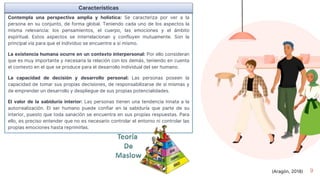 9
Contempla una perspectiva amplia y holística: Se caracteriza por ver a la
persona en su conjunto, de forma global. Teniendo cada uno de los aspectos la
misma relevancia: los pensamientos, el cuerpo, las emociones y el ámbito
espiritual. Estos aspectos se interrelacionan y confluyen mutuamente. Son la
principal vía para que el individuo se encuentre a sí mismo.
La existencia humana ocurre en un contexto interpersonal: Por ello consideran
que es muy importante y necesaria la relación con los demás, teniendo en cuenta
el contexto en el que se produce para el desarrollo individual del ser humano.
La capacidad de decisión y desarrollo personal: Las personas poseen la
capacidad de tomar sus propias decisiones, de responsabilizarse de sí mismas y
de emprender un desarrollo y despliegue de sus propias potencialidades.
El valor de la sabiduría interior: Las personas tienen una tendencia innata a la
autorrealización. El ser humano puede confiar en la sabiduría que parte de su
interior, puesto que toda sanación se encuentra en sus propias respuestas. Para
ello, es preciso entender que no es necesario controlar el entorno ni controlar las
propias emociones hasta reprimirlas.
Características
(Aragón, 2018)
 