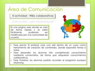 Área de Comunicación
E-actividad : Wikis colaborativas
Es una página web donde se crea
de forma rápida y se edita
fácilmente, pudiendo ser
modificada por una comunidad de
usuarios.
• Fase previa: El profesor crea una wiki dentro de un curso como
herramienta de creación de contenidos, donde expondrá temas a
tratar.
• Fase desarrollo: los alumnos irán completando conocimiento
mediante comentarios, de forma que adquieran conocimientos
colaborativos.
• Fase Posterior: los alumnos podrán acceder al programa europeo
etwinning
 