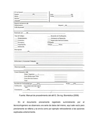 Fuente: Manual de procedimiento del allí12. De ing. Biomédica (2008)
En el documento previamente registrado suministrando por el
técnico/ingeniero se observara una serie de datos del mismo, aquí sale vacío pero
previamente se rellena y se envía como por ejemplo retrocediendo a las opciones
explicadas anteriormente.
 