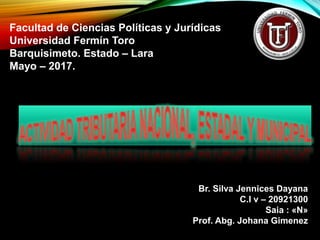 Facultad de Ciencias Políticas y Jurídicas
Universidad Fermín Toro
Barquisimeto. Estado – Lara
Mayo – 2017.
Br. Silva Jennices Dayana
C.I v – 20921300
Saia : «N»
Prof. Abg. Johana Gimenez
 