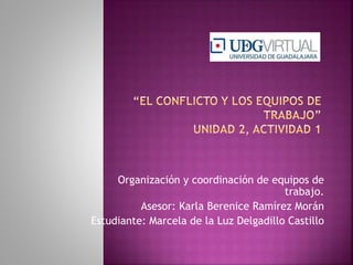 Organización y coordinación de equipos de
trabajo.
Asesor: Karla Berenice Ramírez Morán
Estudiante: Marcela de la Luz Delgadillo Castillo
 