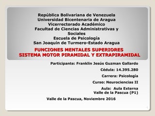 FUNCIONES MENTALES SUPERIORESFUNCIONES MENTALES SUPERIORES
SISTEMA MOTOR PIRAMIDAL Y EXTRAPIRAMIDALSISTEMA MOTOR PIRAMIDAL Y EXTRAPIRAMIDAL
1
Participante: Franklin Jesús Guzman Gallardo
Cédula: 14.395.280
Carrera: Psicología
Curso: Neurociencias II
Aula: Aula Externa
Valle de la Pascua (P1)
Valle de la Pascua, Noviembre 2016
República Bolivariana de Venezuela
Universidad Bicentenaria de Aragua
Vicerrectorado Académico
Facultad de Ciencias Administrativas y
Sociales
Escuela de Psicología
San Joaquín de Turmero-Estado Aragua
 