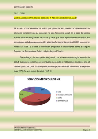 CERTIFICACION DOCENTE


02/11/2011

¿c0mo adolescente tengo derecho a algún servicio de salud?




El acceso a los servicios de salud por parte de los jóvenes a representado un

elemento constitutivo de su bienestar, no solo físico sino social. En el caso de México

solo la mitad de los jóvenes reconoce y sabe que tiene algún derecho de salud, los

servicios de salud que poseen están adscritos fundamentalmente al IMSS y en menor

medida al ISSSTE la lista la continúan programas e instituciones como el Seguro

Popular, La Secretaria de Salud y algún Seguro Privado.


      Sin embargo, de esta población juvenil que si tiene acceso algún servicio de

salud, cuando se enferma en su mayoría no acude a instituciones sociales, sino al

medico particular (35.8 %) aunque el porcentaje para el IMSS representa el segundo

lugar (27.5 %) y el centro de salud (18.5 %)



               SERVICIO MEDICO JUVENIL


                18%              29%
                                                 IMSS
      18%                                        MEDICO PARTICULAR
                                                 ISSSTE
                           36%
                                                 CENTRO SALUD




ENRQUE MARTINEZ LOPEZ
CERTIFICACION DOCENTE GRUPO 3                                                  Página 5
 