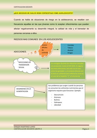 CERTIFICACION DOCENTE


¿QUE RIEZGOS DE SALUD DEBO ENFRENTAR COMO ADOLESCENTE?


Cuando se habla de situaciones de riesgo en la adolescencia, se resaltan con

frecuencia aquellas en las que jóvenes como tú aceptan ofrecimientos que pueden

afectar negativamente su desarrollo integral, la calidad de vida y el bienestar de

personas cercanas a ellos.


RIEZGOS MAS COMUNES EN LOS ADOLESCENTES

                                Deseos                            -   Comidas
                                difíciles                         -   Tabaco
                                de                                -   Alcohol
ADICCIONES.                     controla                          -   Drogas
                                r                                 -


     INFECCIONES DE
                                               Se contagian durante las relaciones sexuales
     TRANSMISION
                                               sin protección. Como el VIH SIDA. En alguna
     SEXUAL
                                               de estas infecciones, tan solo con el roce
                                               entre los genitales y el contacto directo con
                                               la boca es suficiente para infectarse como es
                                               el caso de la Hepatitis “C” y la Gonorrea.




                                            Son problemas que surgen cuando las personas
  DESORDENES EN LA                          no consumen los suficientes nutrimentos que el
  ALIMENTACION                              organismo requiere para funcionar. Ejemplo:

                                               -   Desnutrición
                                               -   Anorexia
                                               -   Bulimia
                                               -   Sobrepeso
                                               -   obesidad




ENRQUE MARTINEZ LOPEZ
CERTIFICACION DOCENTE GRUPO 3                                                             Página 6
 
