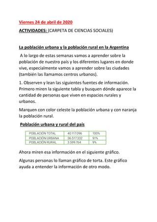 Viernes 24 de abril de 2020
ACTIVIDADES: (CARPETA DE CIENCIAS SOCIALES)
La población urbana y la población rural en la Arg...