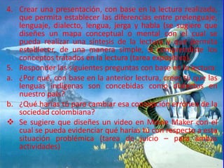 Crear una presentación, con base en la lectura realizada, que permita establecer las diferencias entre prelenguaje, lenguaje, dialecto, lengua, jerga y habla (se sugiere que diseñes un mapa conceptual o mental con el cual se pueda realizar una síntesis de la lectura y que permita establecer, de una manera simple, si comprendiste los conceptos tratados en la lectura (tarea expositiva).Responder las siguientes preguntas con base en la lectura:¿Por qué, con base en la anterior lectura, crees tú que las lenguas indígenas son concebidas como dialectos en nuestro país?¿Qué harías tú para cambiar esa concepción errónea de la sociedad colombiana?Se sugiere que diseñes un video en Movie Maker con el cual se pueda evidenciar qué harías tú con respecto a esta situación problémica (tarea de juicio – para ambas actividades) RECURSOSPower PointPreziSlideshare (por si deseas que tu presentación aparezca en línea)WordMovie MakerCamtasia (sirve como alternativa para la creación del video por si no quieres usar Movie Maker)Página web del docente (http://juansebastiansedanoacero1988.jimdo.com/)