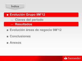 14


  Índice


■ Evolución Grupo 9M'12
  — Claves del periodo
  — Resultados

■ Evolución áreas de negocio 9M'12

■ Conclusiones

■ Anexos
 