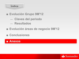 43


  Índice


■ Evolución Grupo 9M'12
  — Claves del periodo
  — Resultados

■ Evolución áreas de negocio 9M'12

■ Conclusiones

■ Anexos
 