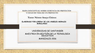 MAPA CONCEPTUAL SOBRE GERENCIA DE PROYECTOS
Y CICLO DE VIDA DE UN PROYECTO
Tutor: Néstor Anaya Chávez
ELABORADO POR:LORENA DE LOS ANGELES MORALES
MARULANDA
UNIVERSIDAD DE SANTANDER
MAESTRIA EN GESTIÓN DE LA TECNOLOGIA
EDUCATIVA
MANIZALES 2016
 