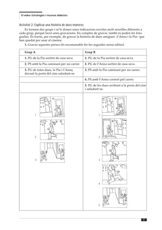 El vídeo. Estratègies i recursos didàctics


Activitat 2: Explicar una història de dues maneres
    Es formen dos grups i se’ls donen unes indicacions escrites molt senzilles diferents a
cada grup, perquè facin unes gravacions. En comptes de gravar, també es poden fer foto-
grafies. Es tracta, per exemple, de gravar la història de dues amigues –l’Anna i la Pia– que
han quedat per anar al cinema.
    1. Gravar aquestes preses (és recomanable fer-les seguides sense editar).

    Grup A                                           Grup B
    1. PG de la Pia sortint de casa seva             1. PG de la Pia sortint de casa seva.
    2. PS amb la Pia caminant per un carrer.         2. PG de l’Anna sortint de casa seva.
    3. PG de totes dues, la Pia i l’Anna,            3. PS amb la Pia caminant per un carrer.
    davant la porta del cine saludant-se.
                                                     4. PS amb l’Anna corrent pel carrer.
                                                     5. PG de les dues arribant a la porta del cine
                                                     i saludant-se.




             1                                                 1




             2                                                 2




             3                                                 3




                                                               4




                                                               5




                                                                                                57
 