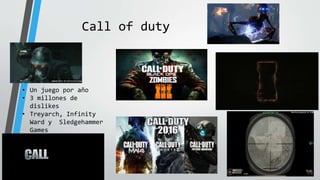 Call of duty
• Un juego por año
• 3 millones de
dislikes
• Treyarch, Infinity
Ward y Sledgehammer
Games
Haga clic para agregar
texto
 