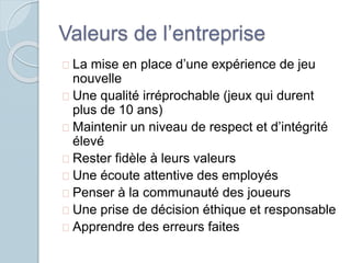 Valeurs de l’entreprise 
La mise en place d’une expérience de jeu 
nouvelle 
Une qualité irréprochable (jeux qui durent 
plus de 10 ans) 
Maintenir un niveau de respect et d’intégrité 
élevé 
Rester fidèle à leurs valeurs 
Une écoute attentive des employés 
Penser à la communauté des joueurs 
Une prise de décision éthique et responsable 
Apprendre des erreurs faites 
 