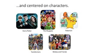 …and centered on characters.
Harry Potter The Muppets Pokemon
Transformers Mickey and Friends
 